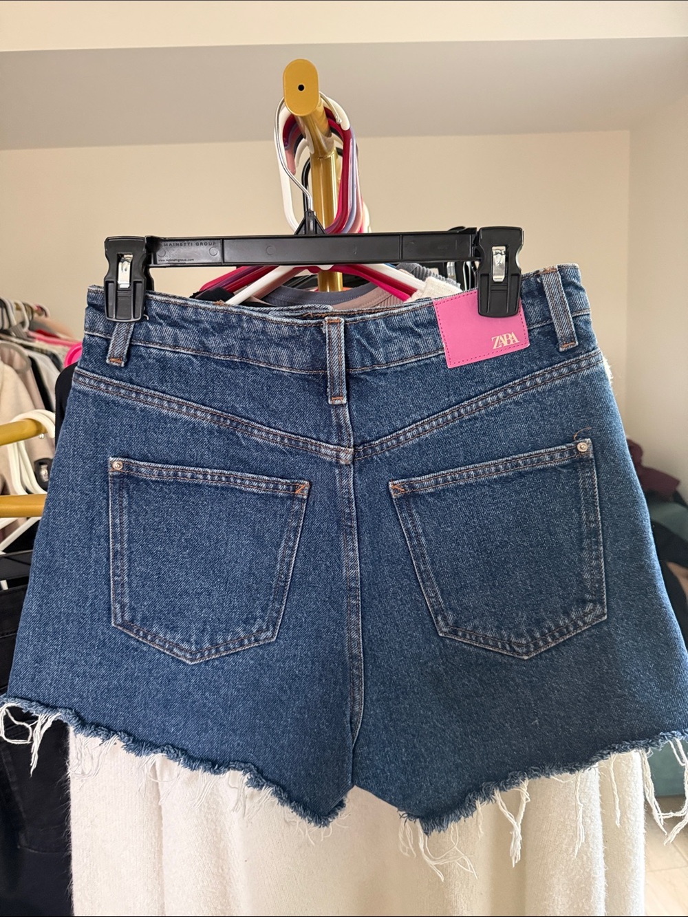 ZARA Dark Blue Denim Frayed Hem High-Waist Shorts with Pink Label